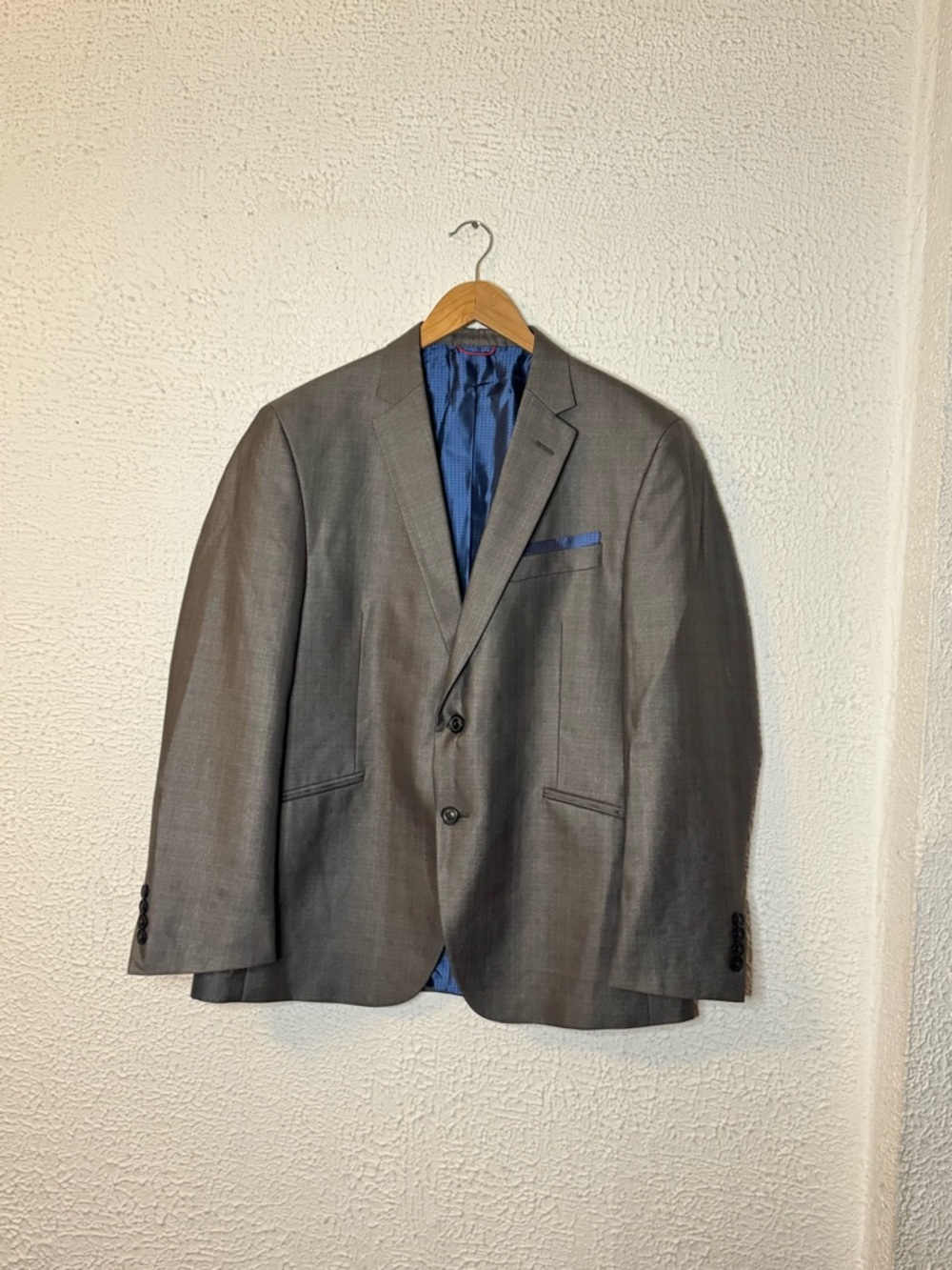 Men's Gray Two-Button Suit Jacket with Blue Lining